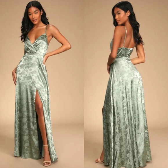Lulus Forever Exquisite Sage Green Satin Surplice Maxi Dress Wedding Party - Picture 1 of 11